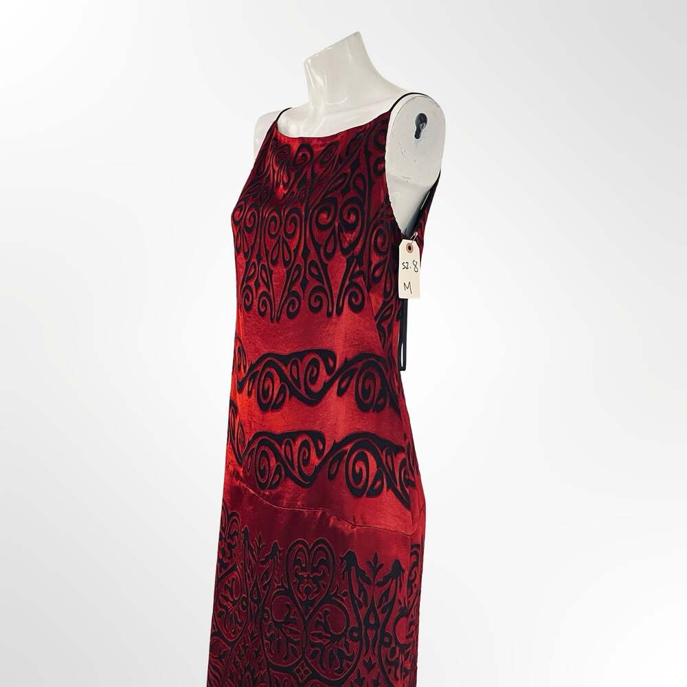 Georgiou Vintage 90s Red and Black Velvet Burnout Sleeveless Maxi Dress - Picture 2 of 5